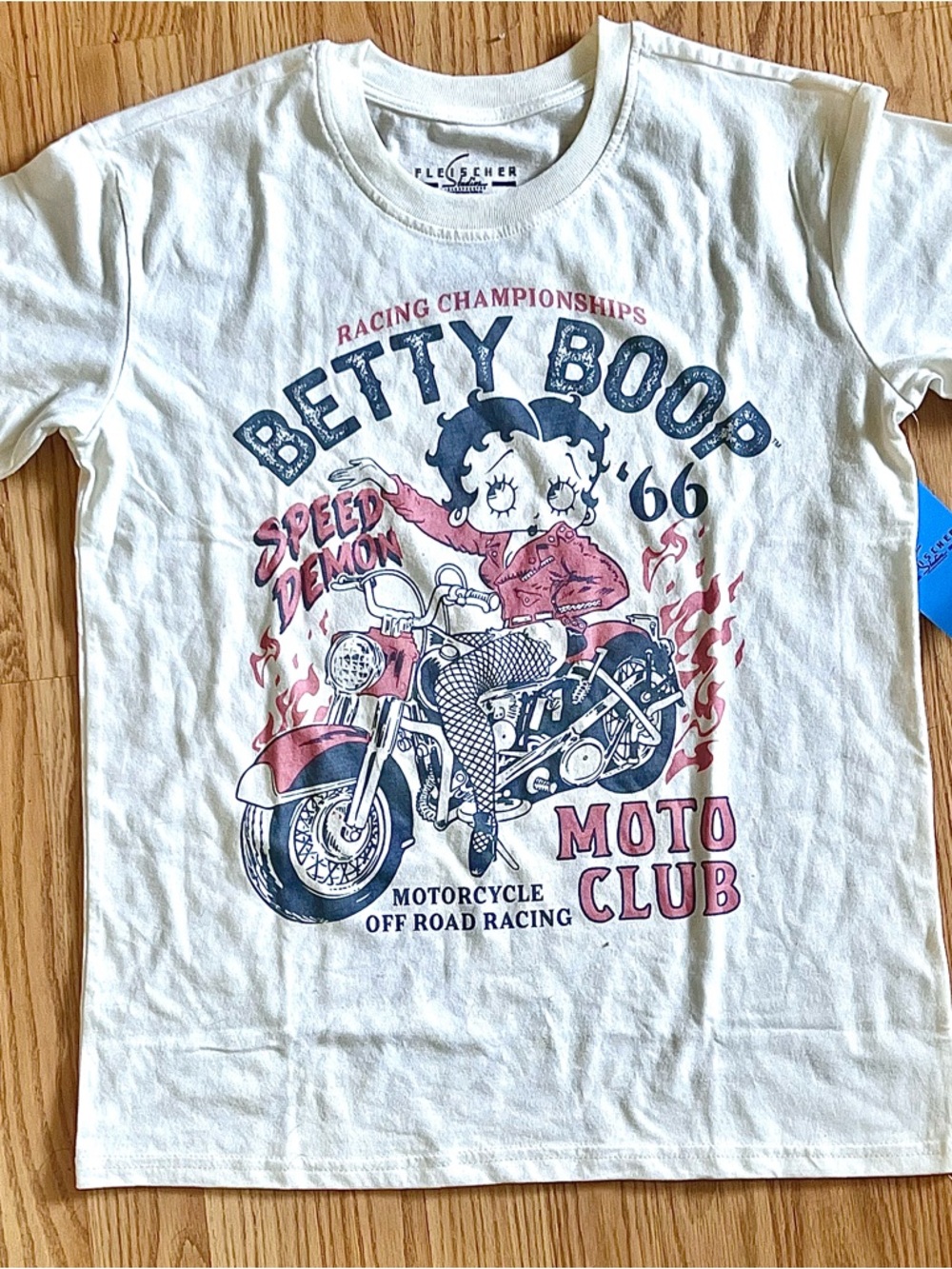 Betty Boop White Tee with Navy & Pink Moto Club Graphic